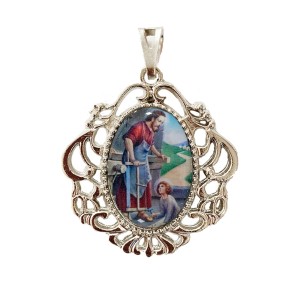 MD129466 - Medalha São José Operário Camafeu Níquel - 4,5x4cm