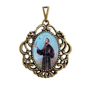 MD129630 - Medalha São Francisco de Assis Camafeu Ouro Velho - 4,5x4cm