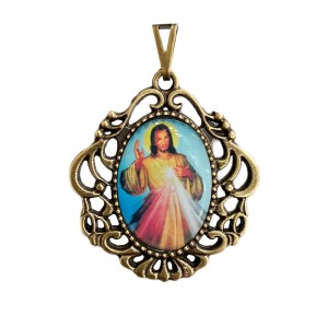 MD129602 - Medalha Jesus Misericordioso Camafeu Ouro Velho - 5x4,2cm