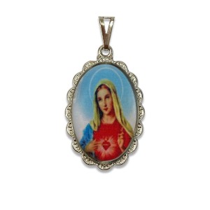 MD128090 - Medalha Sagrado Coração de Maria Rendada Níquel - 4,1x2,6cm
