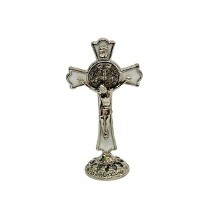 CU830004 - Crucifixo de Mesa São Bento Metal Branco - 8x4cm