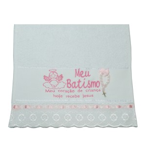 TO1423 - Toalha Batismo Rosa c/ Dezena - 45x31cm