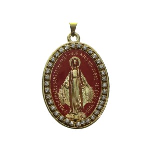 MD520143 - Medalha N. Sra. Das Graças Resinada Vermelho c/ Strass - 5,5x3,5cm